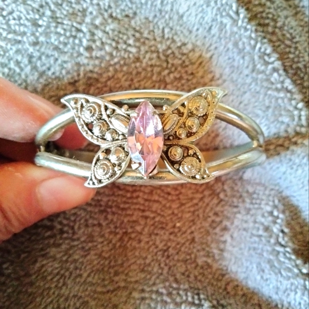 Vintage Silver Butterfly Bangle Bracelet w Pink CZ Specially Handmade